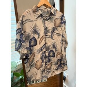 Silk Uomo‎ Silk Button Up Shirt Tropical Palm Print Beige Blue Mens Size M